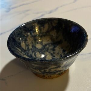 Tiny Vintage Blue and Cream Artistic Ceramic Bowl